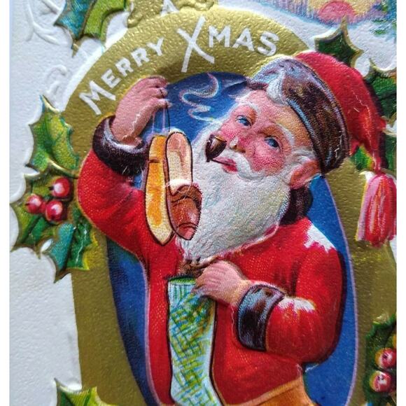 Santa Claus Papa Delight Smoking Pipe Holding Slippers Postcard Embossed Vintage - Picture 1 of 4